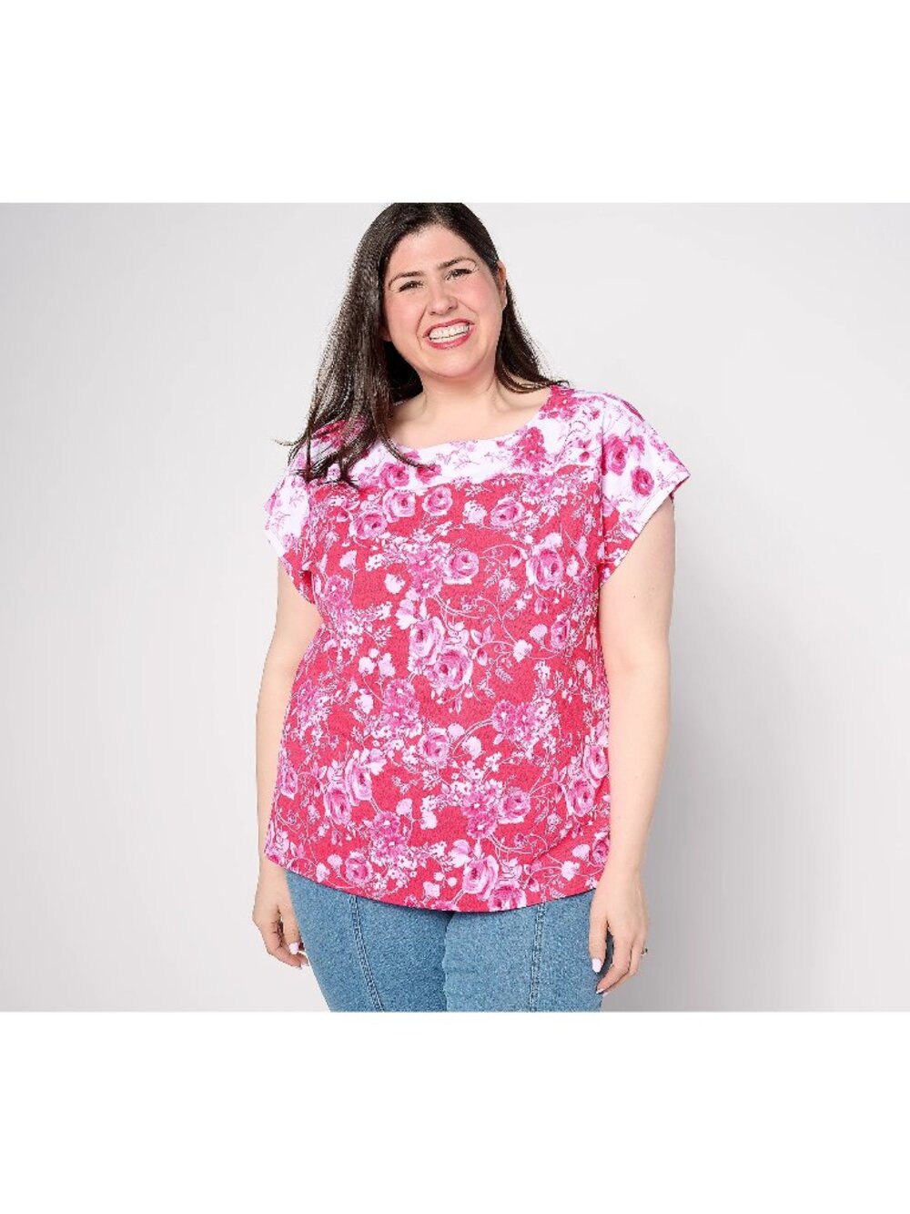 Isaac Mizrahi Live Top Size 1X Duo Printed Pebble Knit Cap Sleeve Pink Boho NEW